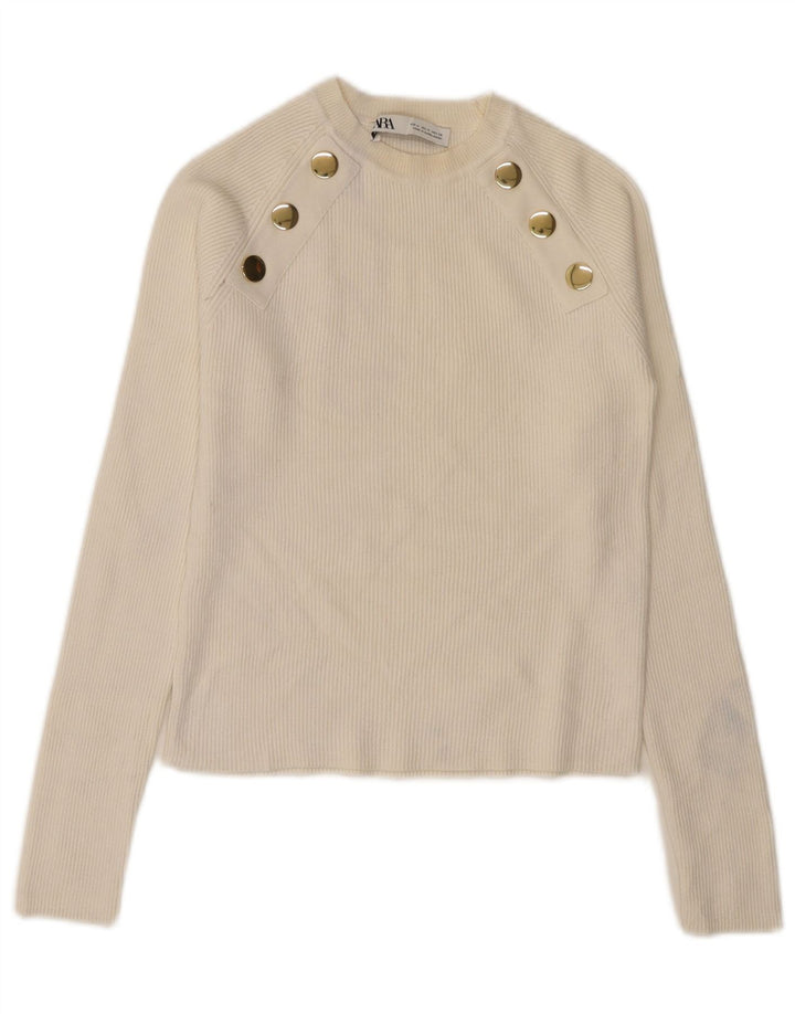 Zara Womens Crop Crew Neck Jumper Sweater UK 12 Medium White