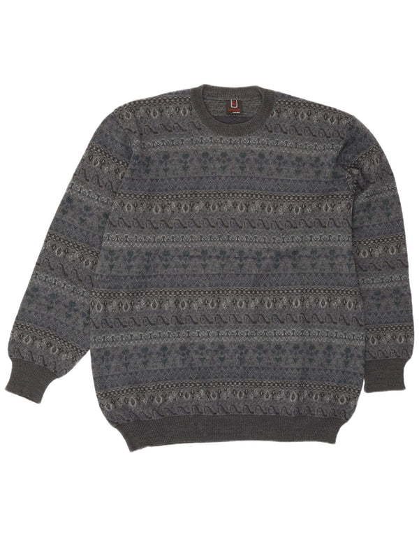Rinaldi Mens Crew Neck Jumper Sweater Large Grey Fair Isle Wool