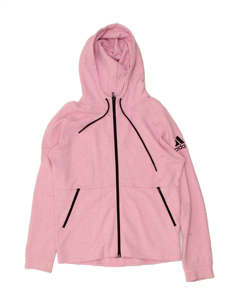 ADIDAS Womens Graphic Zip Hoodie Sweater UK 12/14 Medium Pink Cotton Vintage Adidas and Second-Hand Adidas from Messina Hembry 