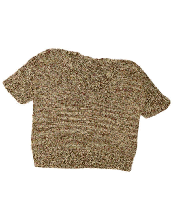 Vintage Womens Crop V-Neck Jumper Sweater UK 14 Medium Khaki Flecked