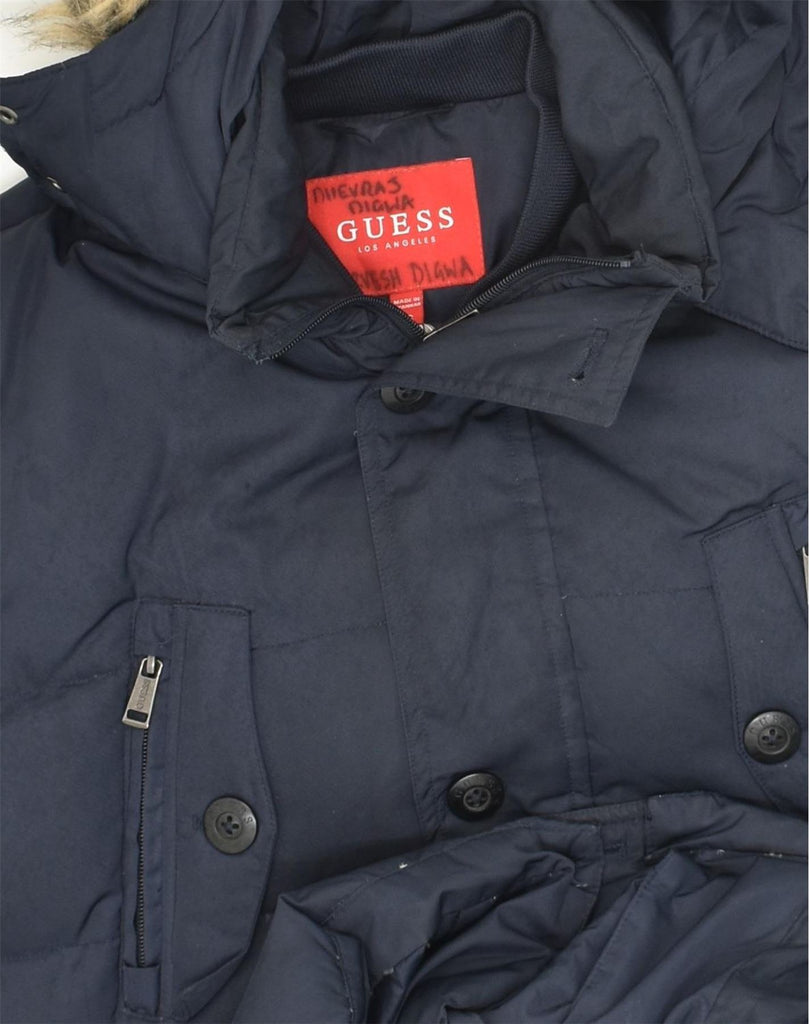 GUESS Mens Hooded Padded Coat UK 34 XS Navy Blue Polyester | Vintage Guess | Thrift | Second-Hand Guess | Used Clothing | Messina Hembry 