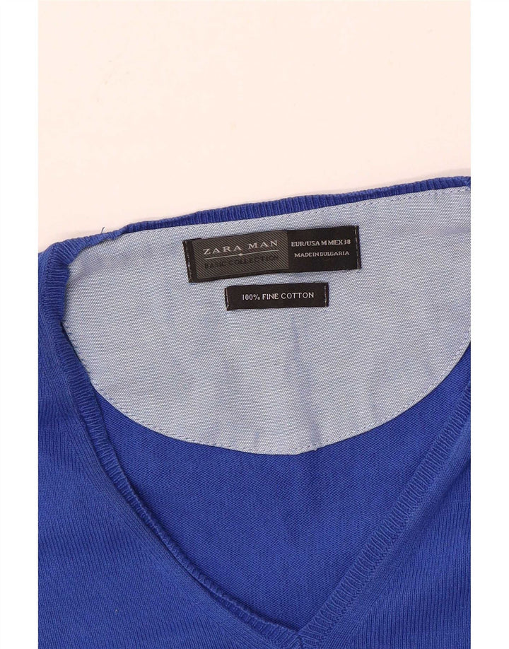 Zara Mens V-Neck Jumper Sweater Medium Blue Cotton
