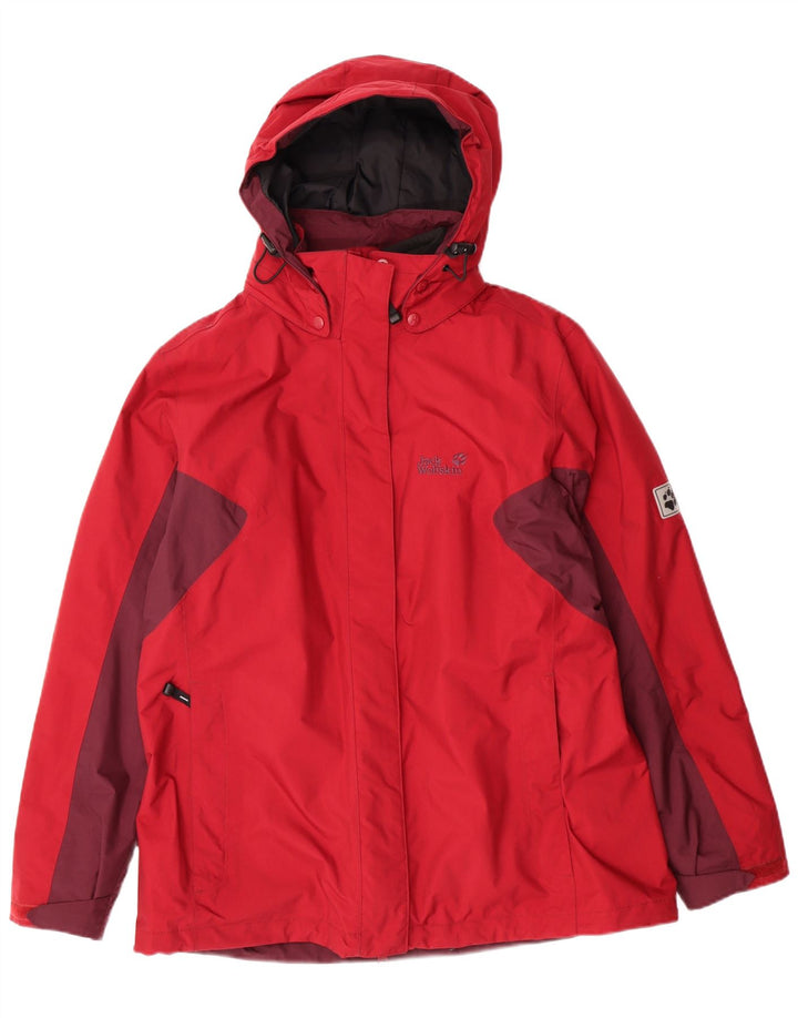 JACK WOLFSKIN Womens Hooded Rain Jacket UK 16 Large Red Colourblock