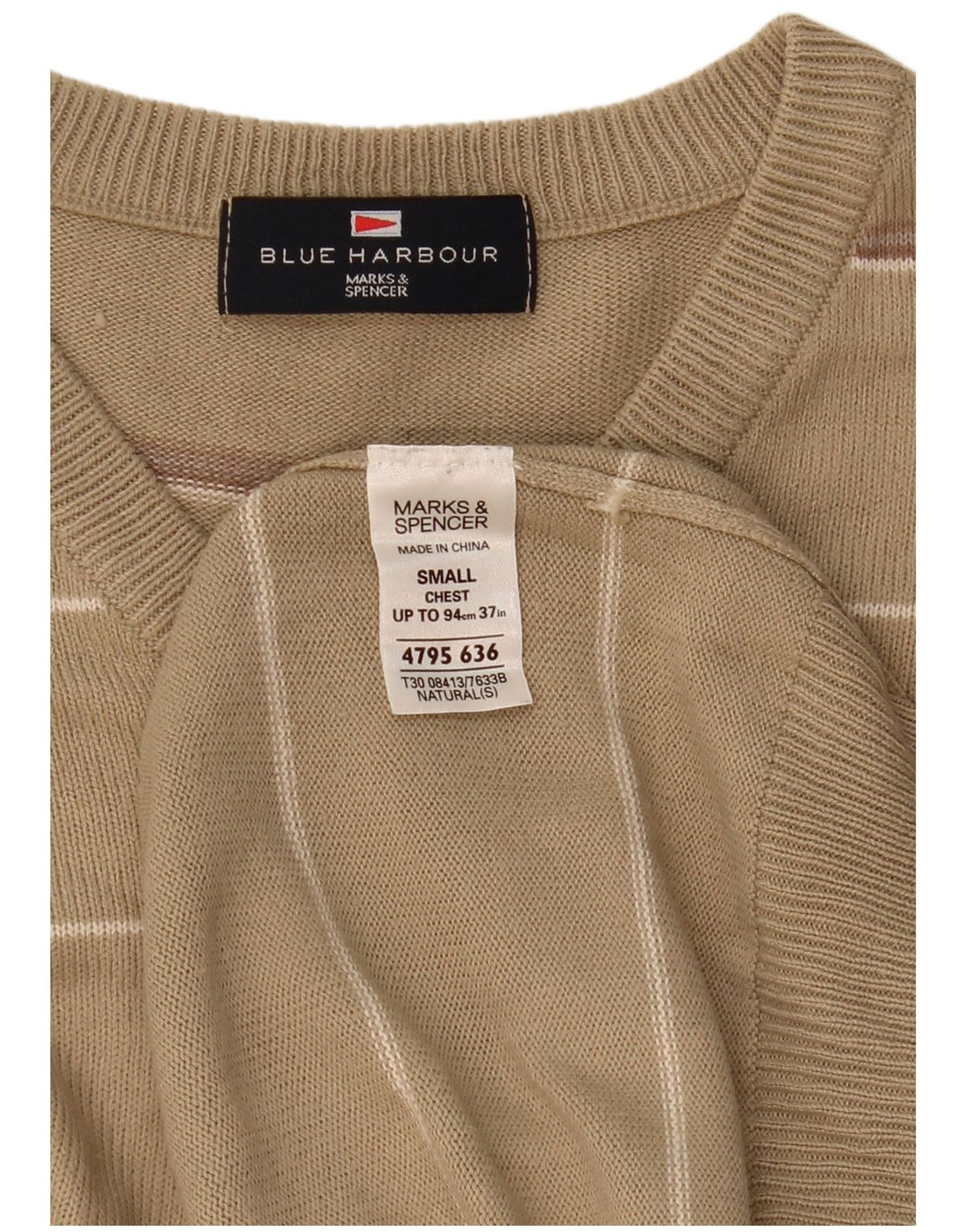 Marks & Spencer Mens Blue Harbour V-Neck Jumper Sweater Small Beige Striped