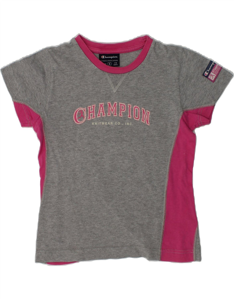 CHAMPION Girls Graphic T-Shirt Top 7-8 Years Small  Grey Colourblock | Vintage Champion | Thrift | Second-Hand Champion | Used Clothing | Messina Hembry 