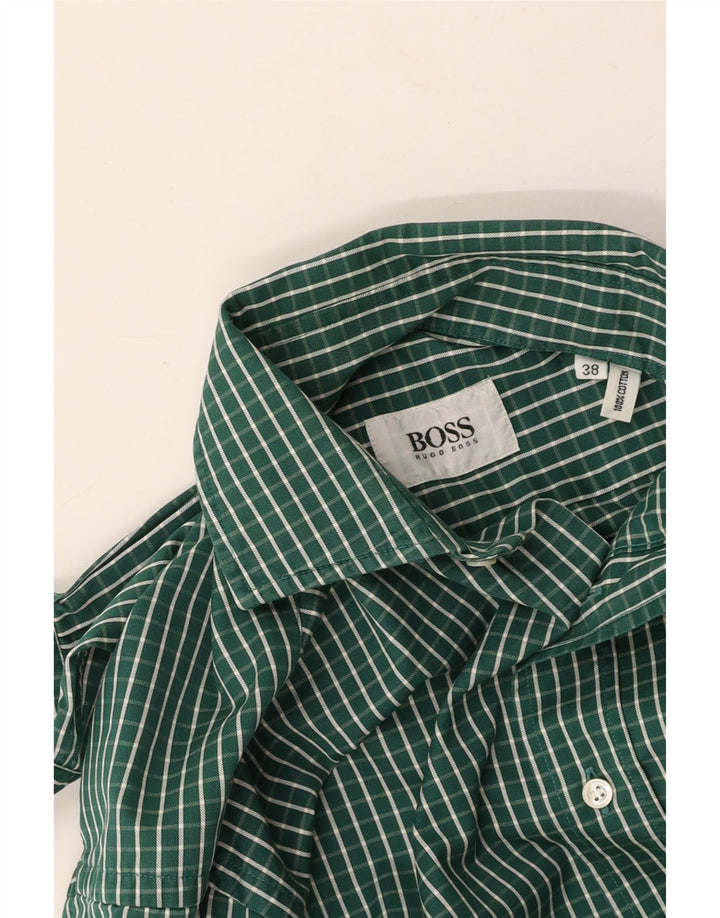 HUGO BOSS Mens Shirt Size 38 Medium Green Gingham Cotton