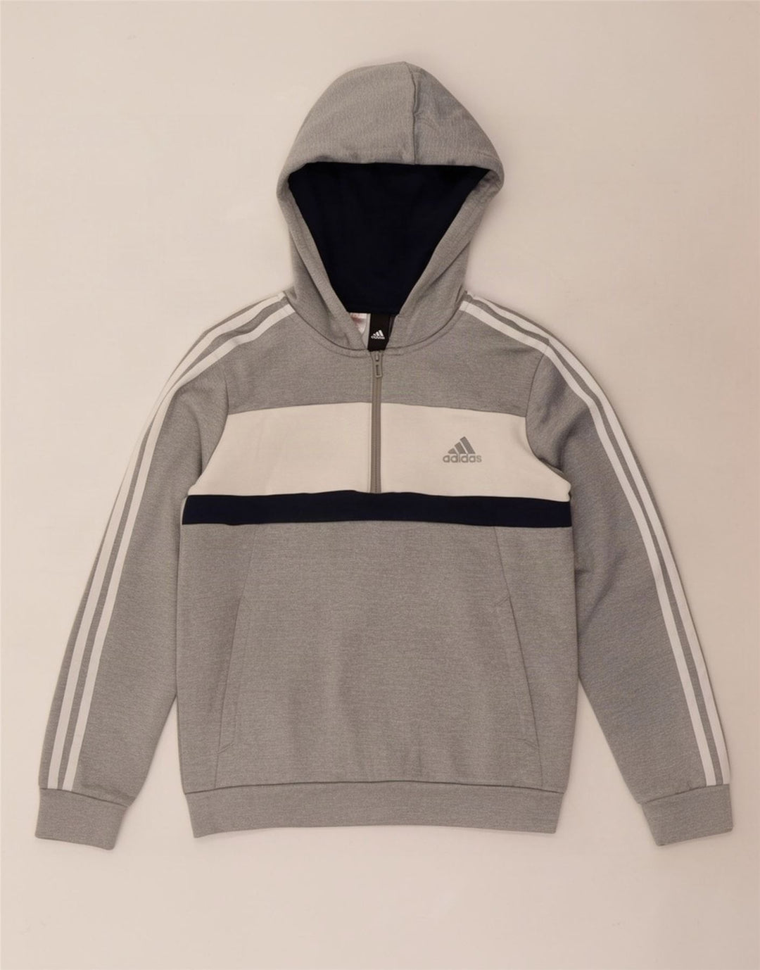 Adidas Boys Hoodie Jumper 11-12 Years Grey Colourblock Polyester
