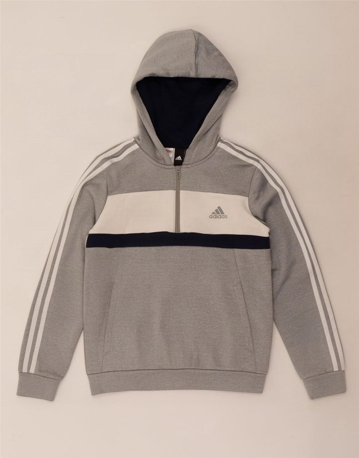 Adidas Boys Hoodie Jumper 11-12 Years Grey Colourblock Polyester
