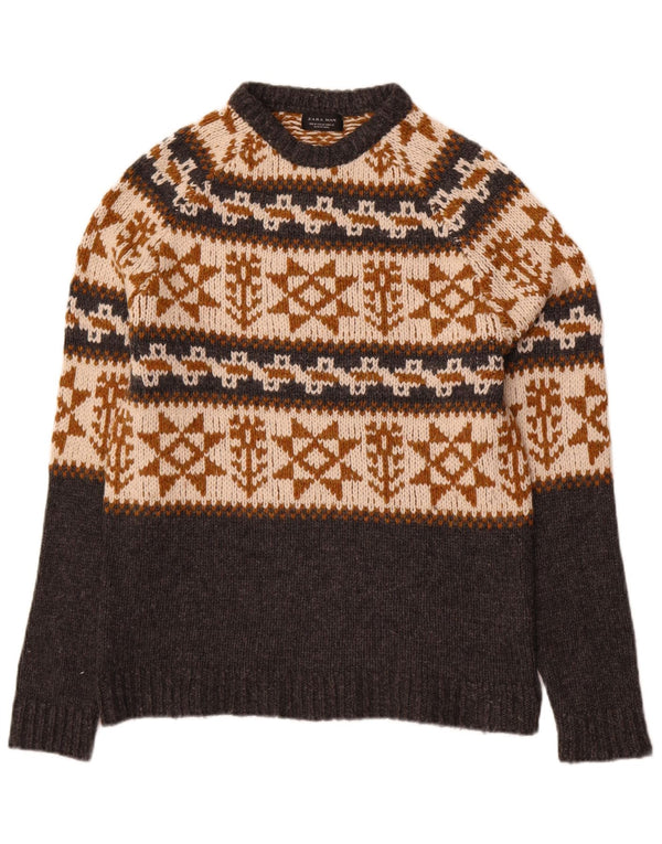 Zara Mens Crew Neck Jumper Sweater Medium Grey Fair Isle Acrylic