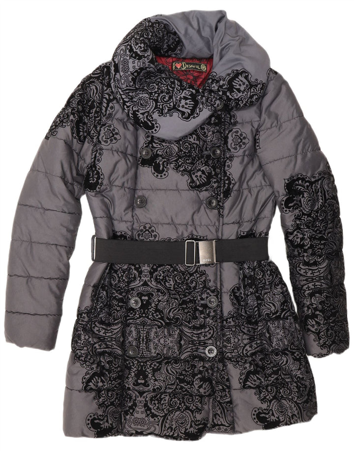 Desigual Womens Double Breasted Padded Coat EU 38 Medium Grey Floral