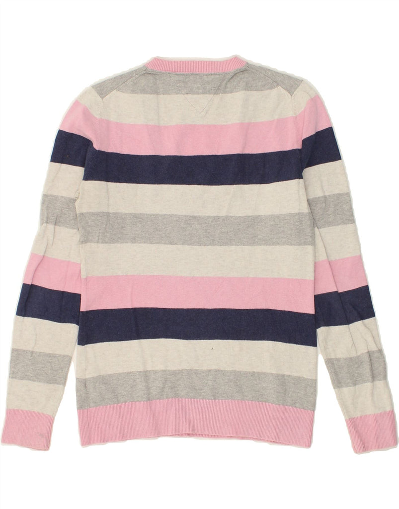 TOMMY HILFIGER Womens V-Neck Jumper Sweater UK 10 Small Pink Striped | Vintage Tommy Hilfiger | Thrift | Second-Hand Tommy Hilfiger | Used Clothing | Messina Hembry 