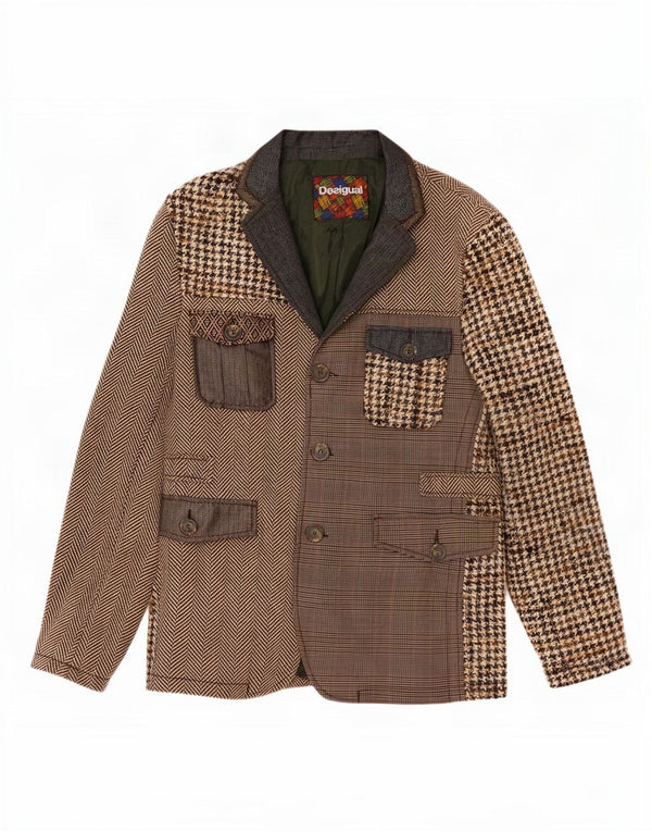 Desigual Mens 3 Button Blazer Jacket EU 56 3XL Brown Patchwork Wool