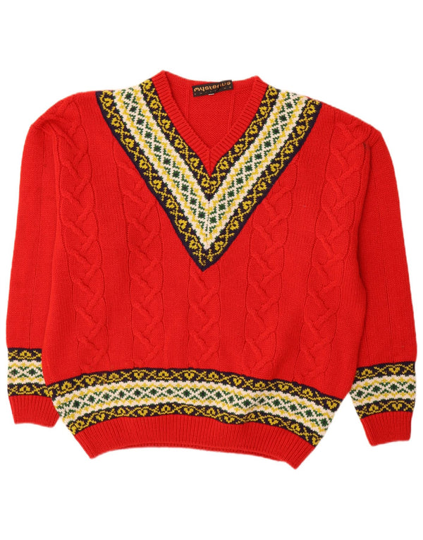 Vintage Mens V-Neck Jumper Sweater XL Red Fair Isle Wool
