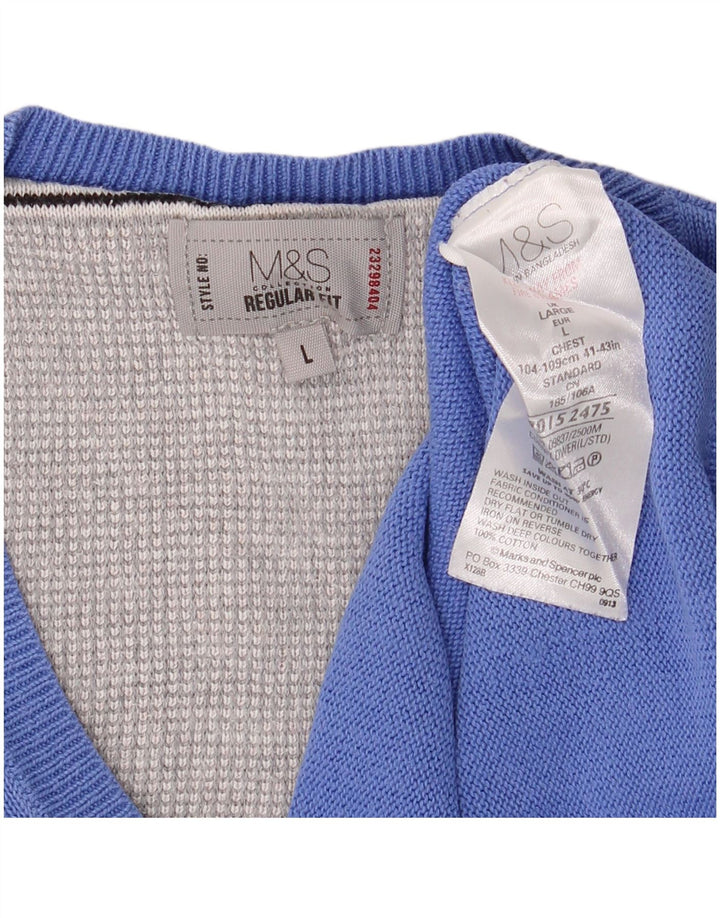 Marks & Spencer Mens Regular Fit V-Neck Jumper Sweater Large Blue Cotton