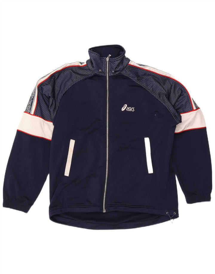 Asics Mens Tracksuit Top Jacket UK 40 Large Navy Blue Colourblock Polyester