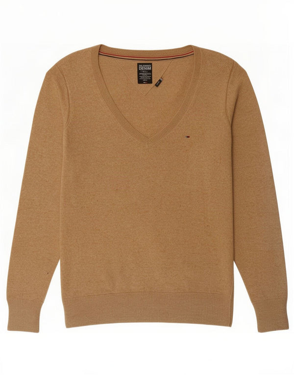 Tommy Hilfiger Womens V-Neck Jumper Sweater UK 14 Medium Beige Cotton
