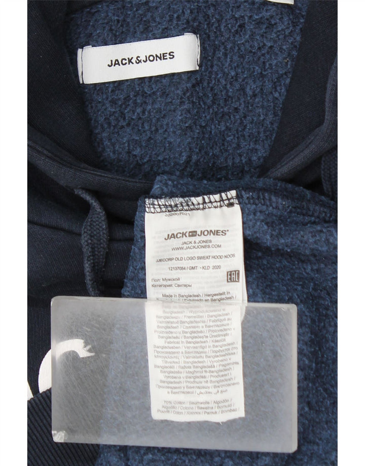 JACK & JONES Mens Graphic Hoodie Jumper Medium Navy Blue Cotton