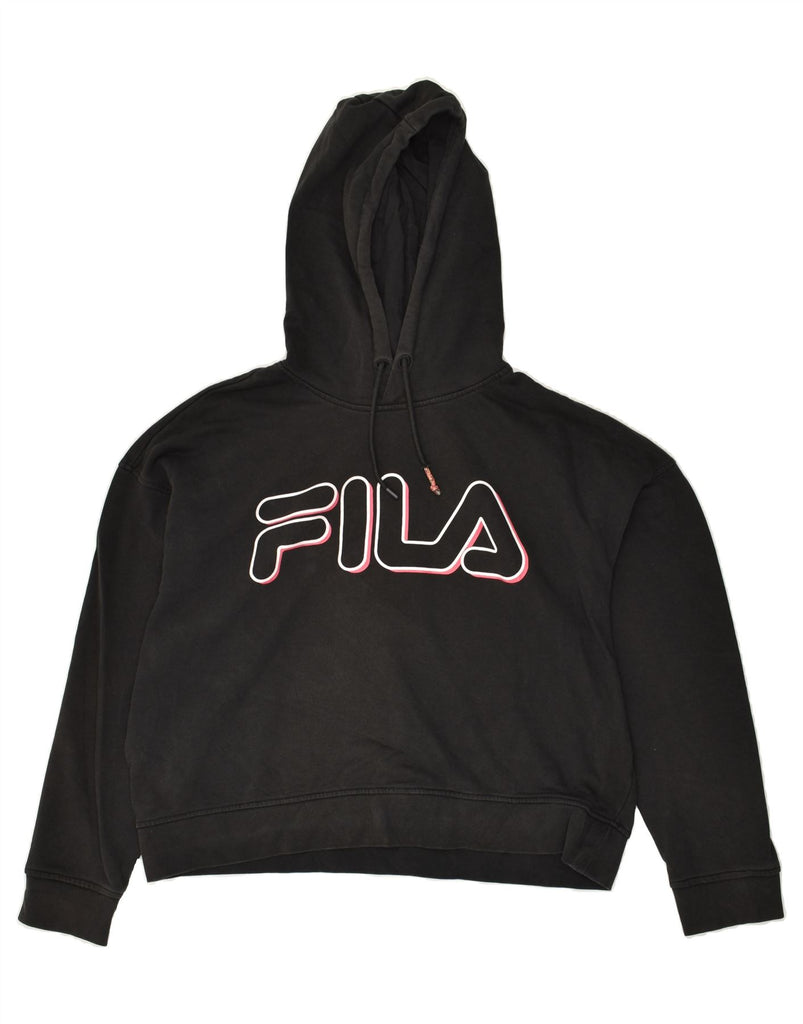 FILA Womens Crop Graphic Hoodie Jumper UK 16 Large Black Cotton | Vintage Fila | Thrift | Second-Hand Fila | Used Clothing | Messina Hembry 