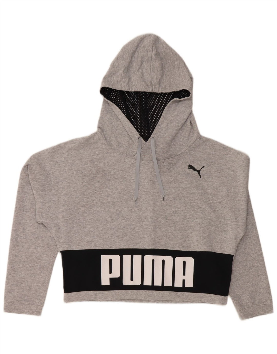 PUMA Womens Oversized Crop Hoodie Jumper UK 12 Medium Grey Colourblock