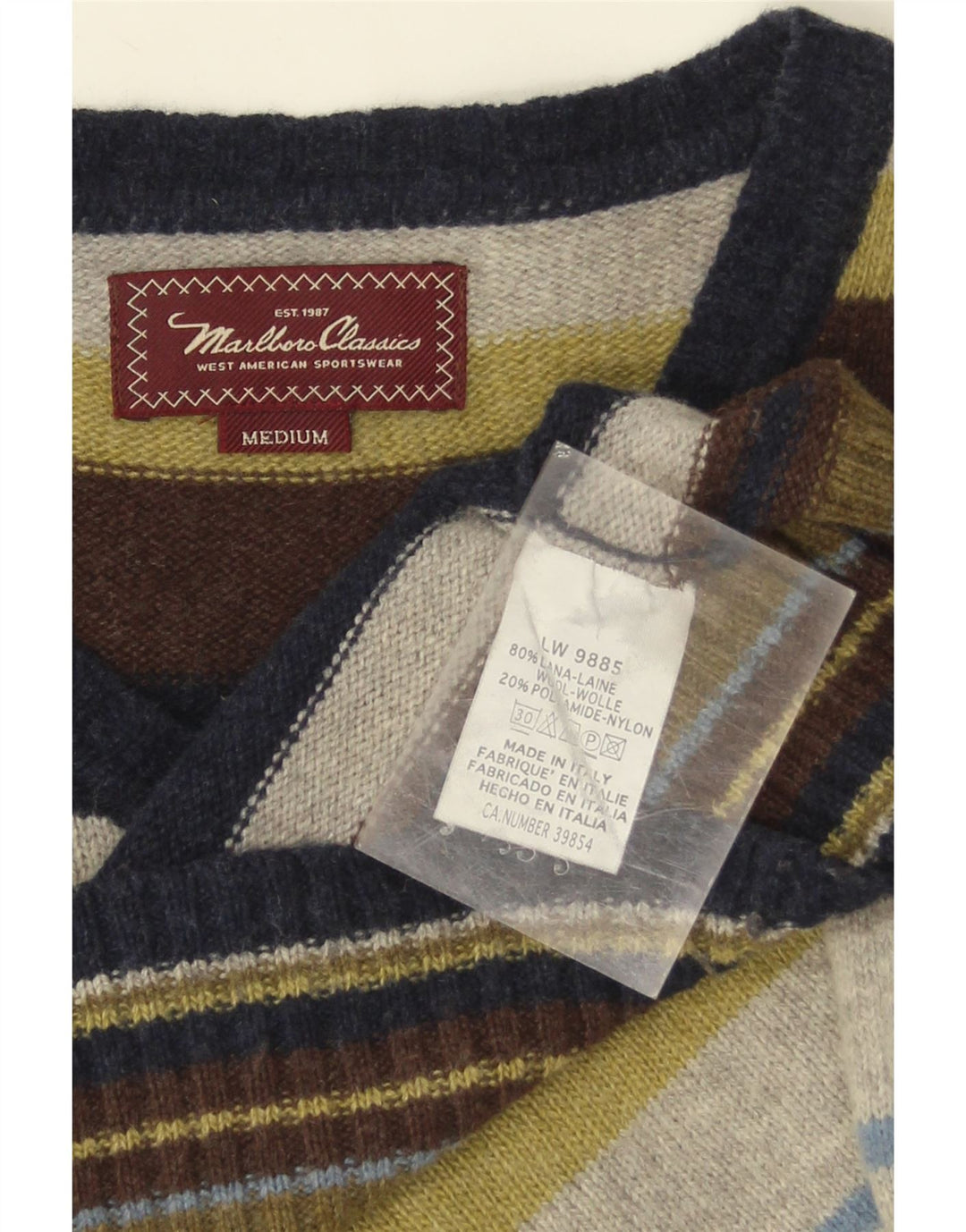 Marlboro Classics Mens V-Neck Jumper Sweater Medium Multicoloured Striped