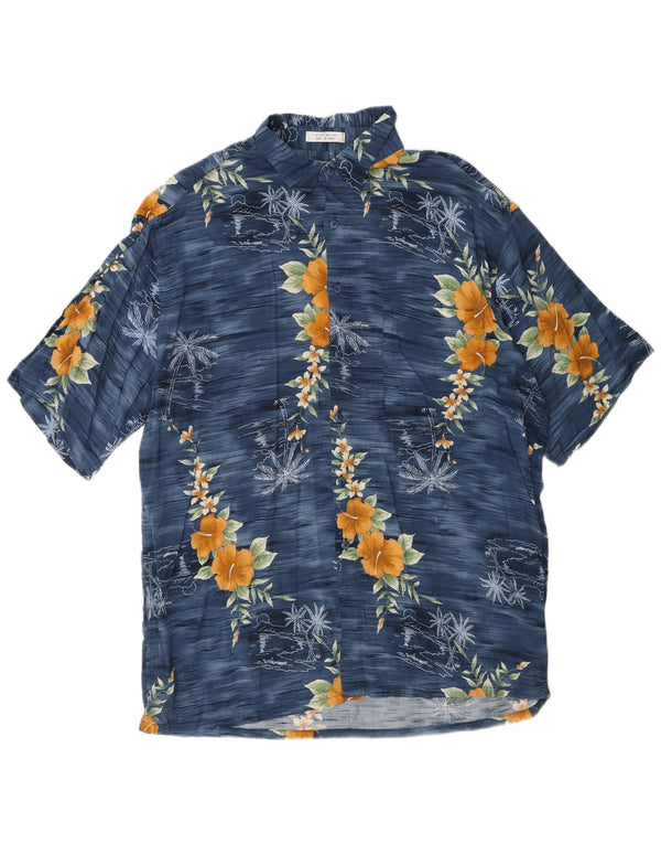 Pierre Cardin Mens Short Sleeve Shirt Large Navy Blue Floral Rayon