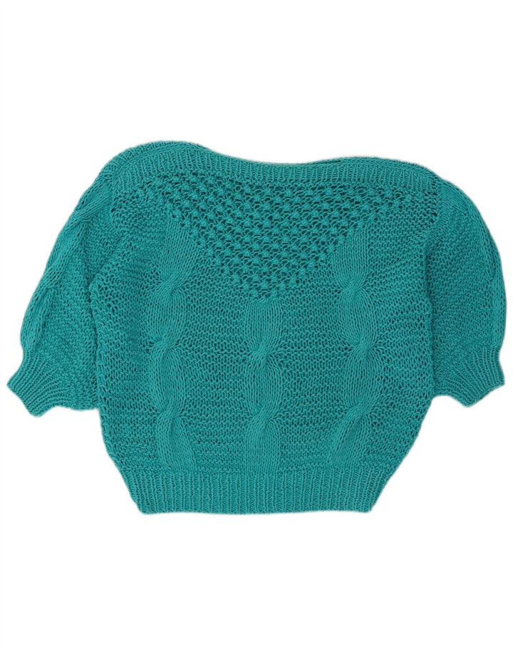 VINTAGE Womens Crop Boat Neck Jumper Sweater UK 14 Medium Turquoise