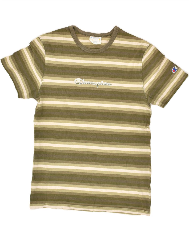 CHAMPION Mens Graphic T-Shirt Top Small Khaki Striped Cotton | Vintage Champion | Thrift | Second-Hand Champion | Used Clothing | Messina Hembry 