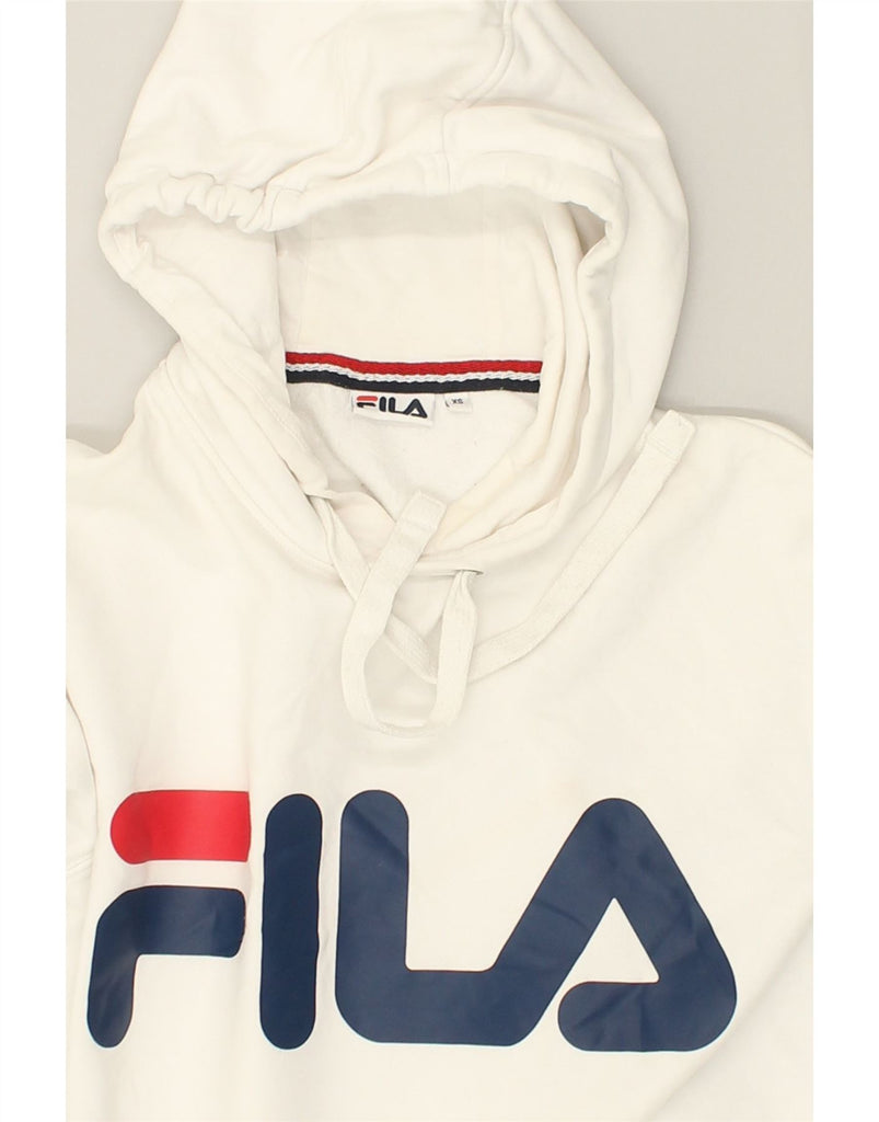 FILA Womens Graphic Hoodie Jumper UK 6 XS White Cotton | Vintage Fila | Thrift | Second-Hand Fila | Used Clothing | Messina Hembry 