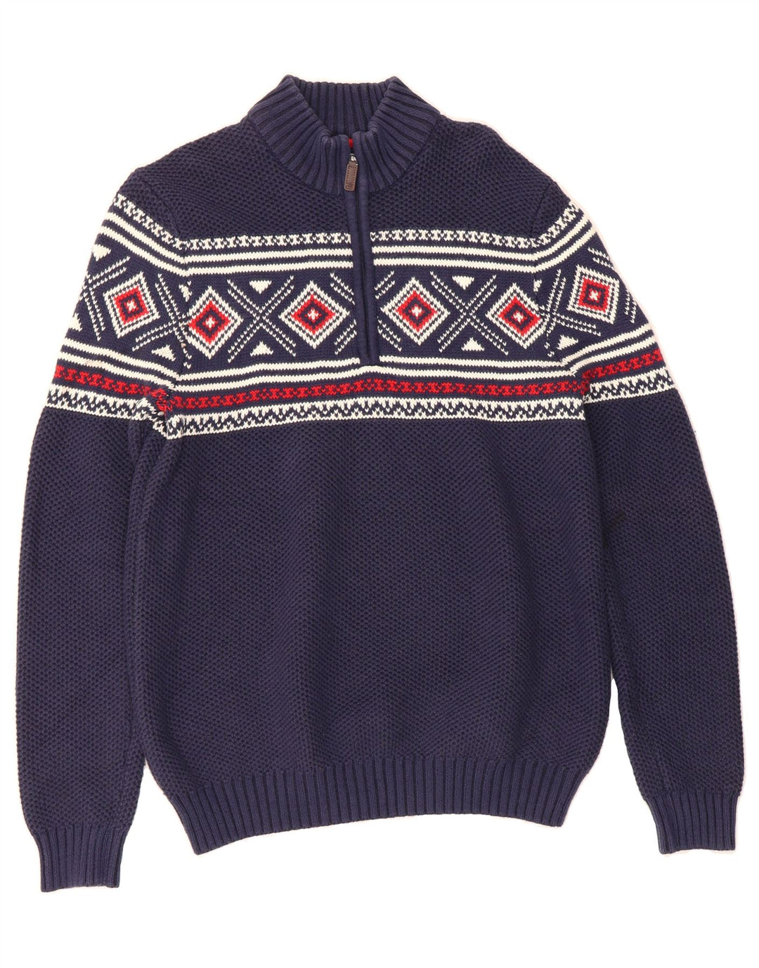 IZOD Mens Zip Neck Jumper Sweater Medium Navy Blue Fair Isle Cotton Vintage Izod and Second-Hand Izod from Messina Hembry 