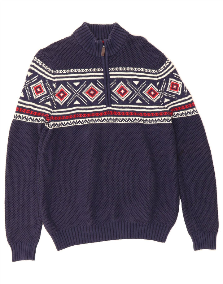 IZOD Mens Zip Neck Jumper Sweater Medium Navy Blue Fair Isle Cotton Vintage Izod and Second-Hand Izod from Messina Hembry 