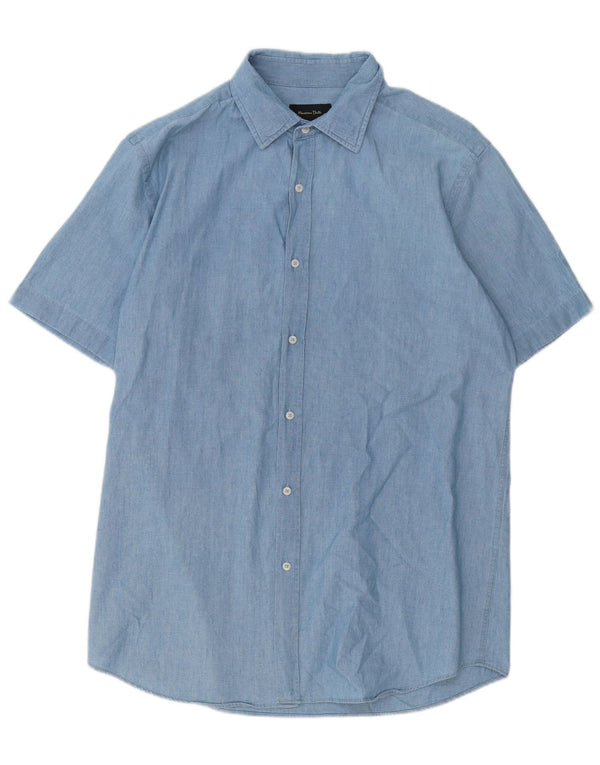 Massimo Dutti Mens Short Sleeve Shirt Large Blue Cotton