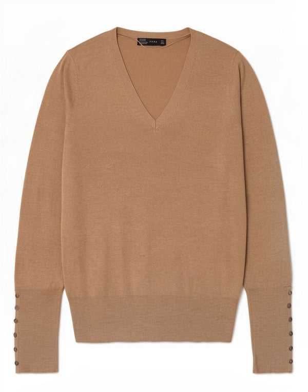 Zara Womens V-Neck Jumper Sweater UK 14 Large Beige Rayon
