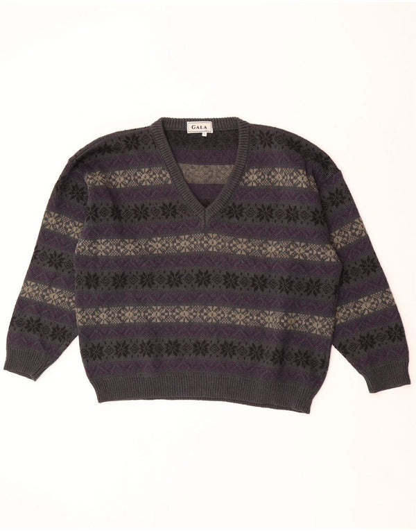 GALA Womens Oversized V-Neck Jumper Sweater UK 16 Large Purple Fair Isle