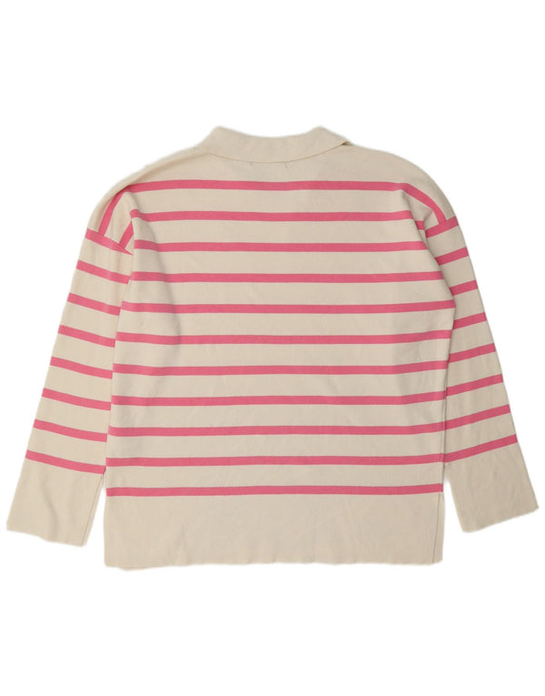 Marks & Spencer Womens Polo Neck Jumper Sweater UK 14 Large White Striped