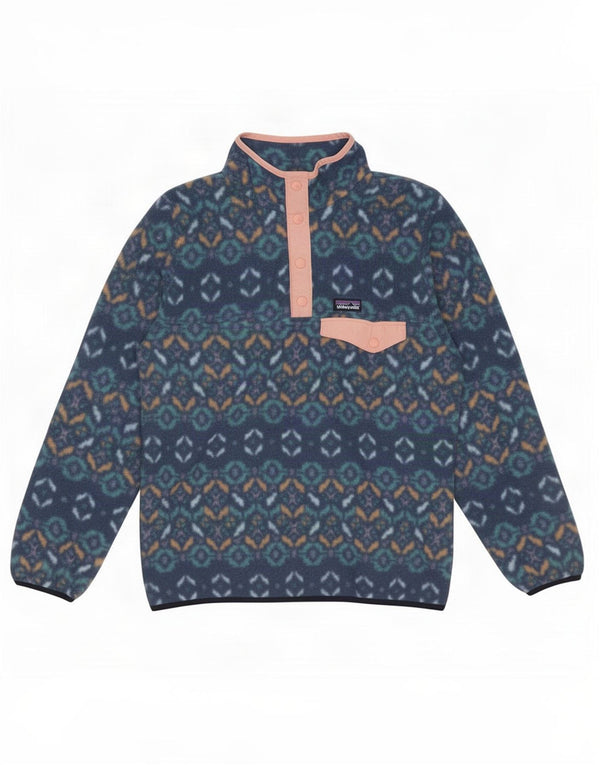 Patagonia Girls Fleece Jumper 13-14 Years XL Navy Blue Geometric