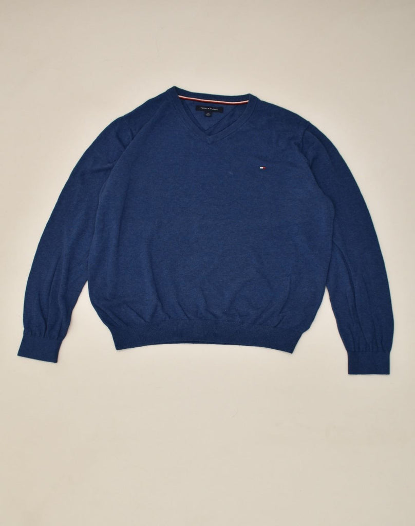 TOMMY HILFIGER Mens V-Neck Jumper Sweater Large Blue Cotton | Vintage Tommy Hilfiger | Thrift | Second-Hand Tommy Hilfiger | Used Clothing | Messina Hembry 