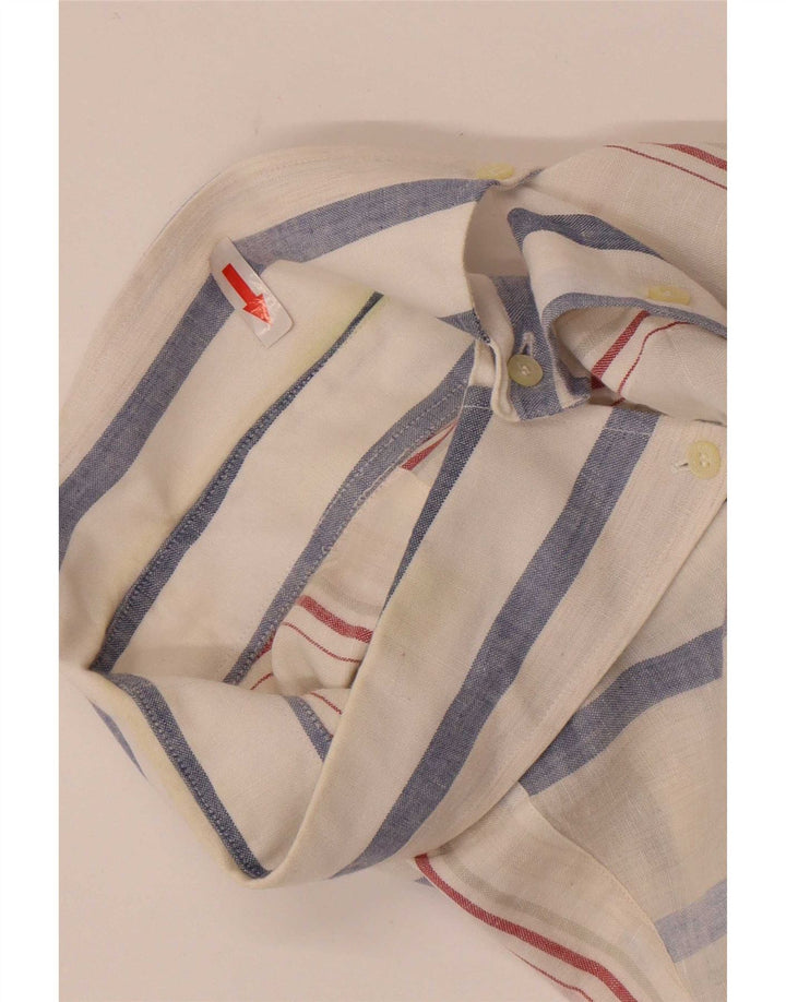 Lacoste Mens Short Sleeve Shirt Size 42 Large White Striped Linen
