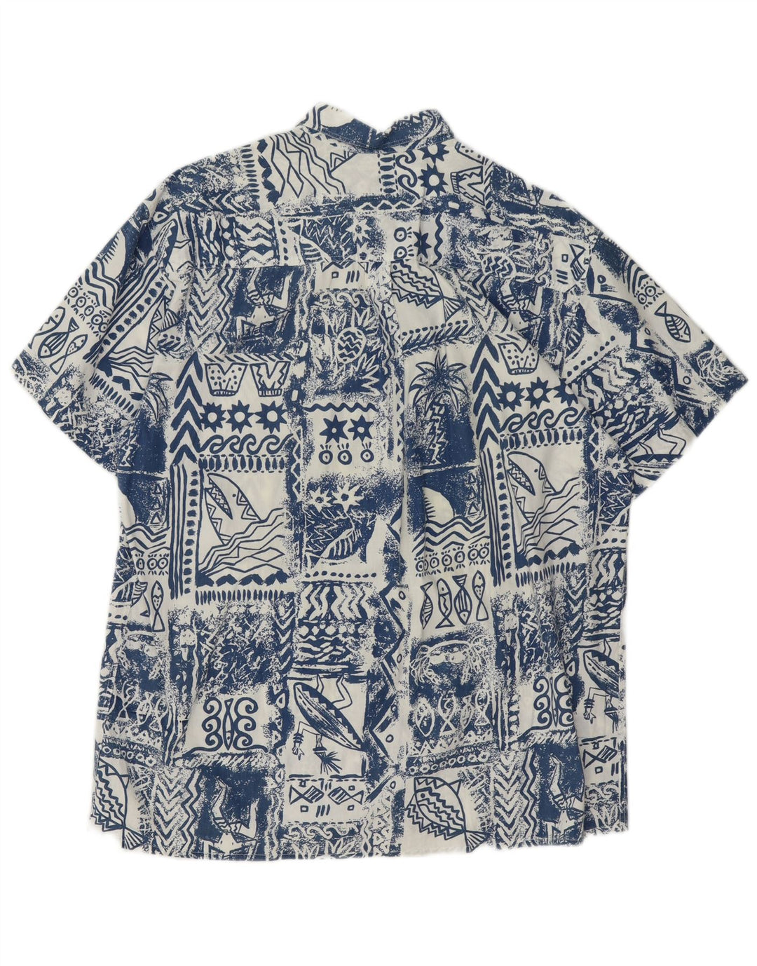 Mauritius Mens Short Sleeve Shirt Large Blue Patchwork Cotton Hawaiian