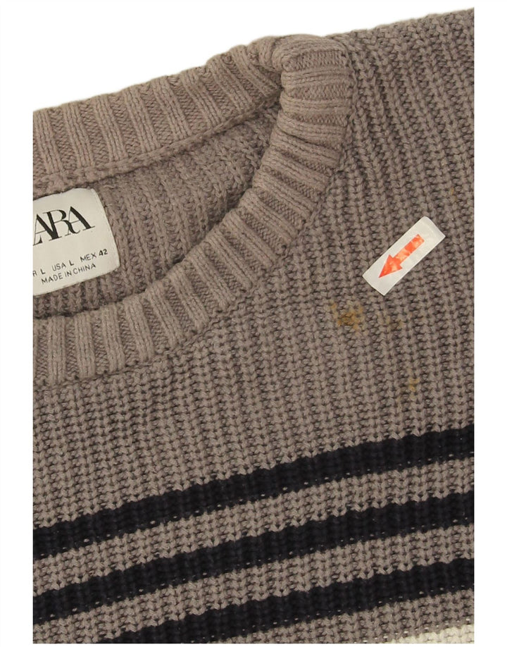 Zara Mens Crew Neck Jumper Sweater Large Grey Striped