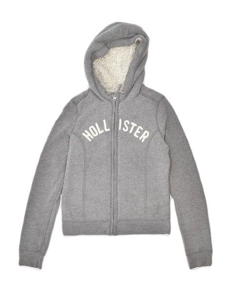 HOLLISTER Womens Graphic Zip Hoodie Sweater UK 10 Small Grey Polyester, Vintage & Second-Hand Clothing Online