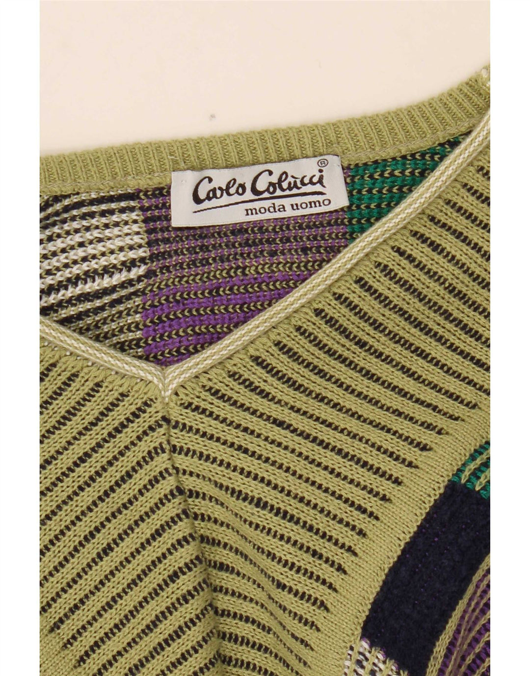 Carlo Colucci Mens V-Neck Jumper Sweater Medium Green Geometric