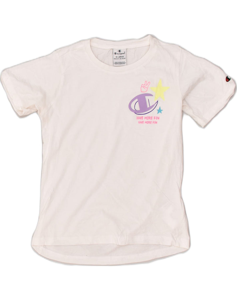 CHAMPION Girls Graphic T-Shirt Top 13-14 Years XL White Cotton | Vintage Champion | Thrift | Second-Hand Champion | Used Clothing | Messina Hembry 