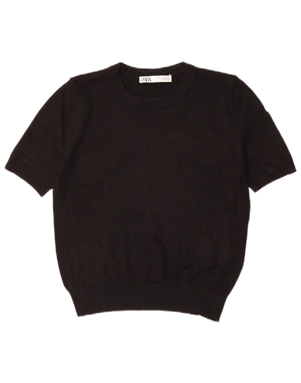 Zara Womens Short Sleeve Boat Neck Jumper Sweater UK 12 Medium Black