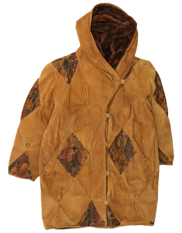Vintage Womens Hooded Suede Windbreaker Coat UK 20 2XL Brown Geometric