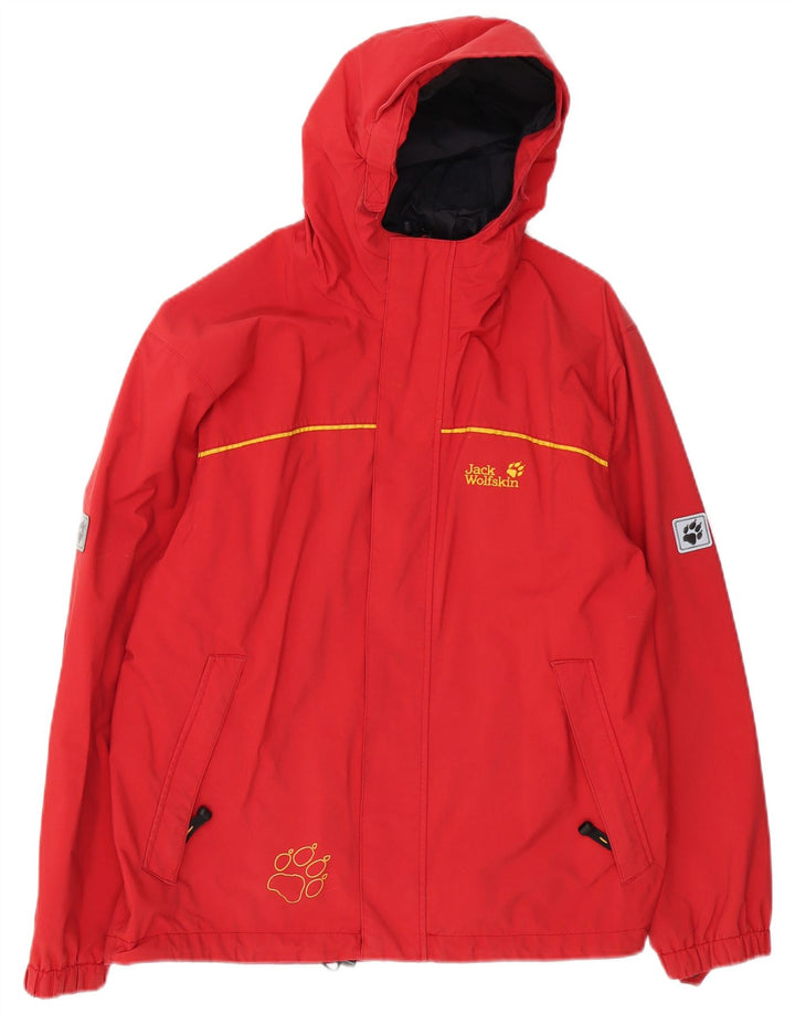 JACK WOLFSKIN Boys Graphic Hooded Rain Jacket 13-14 Years Red Polyamide