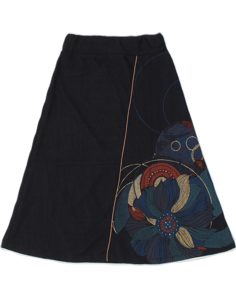 DESIGUAL Womens A-Line Skirt UK 4 XS W23 Navy Blue Floral Polyester | Vintage Desigual | Thrift | Second-Hand Desigual | Used Clothing | Messina Hembry 