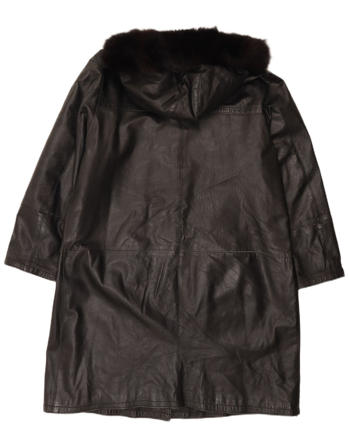 Vintage Womens Hooded Leather Coat IT 48 XL Black