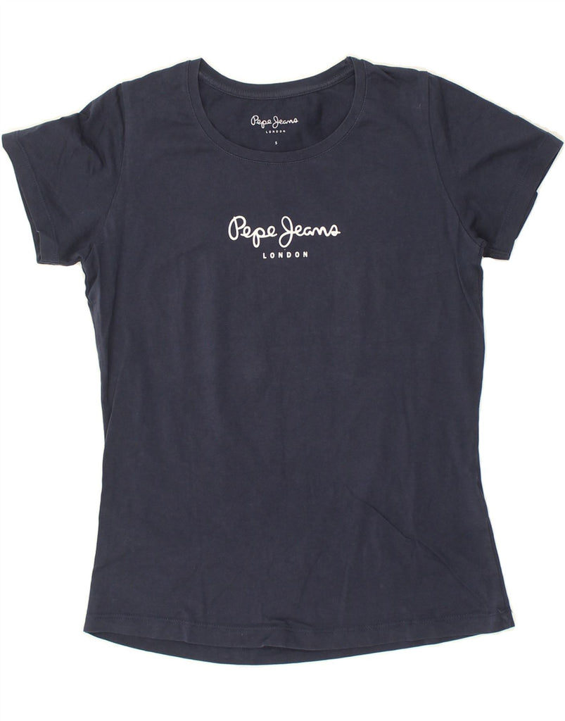 PEPE JEANS Womens Graphic T-Shirt Top UK 10 Small Navy Blue Cotton | Vintage PEPE Jeans | Thrift | Second-Hand PEPE Jeans | Used Clothing | Messina Hembry 