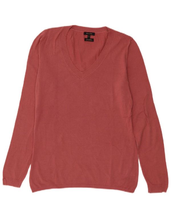 Massimo Dutti Womens V-Neck Jumper Sweater UK 14 Medium Pink Cotton