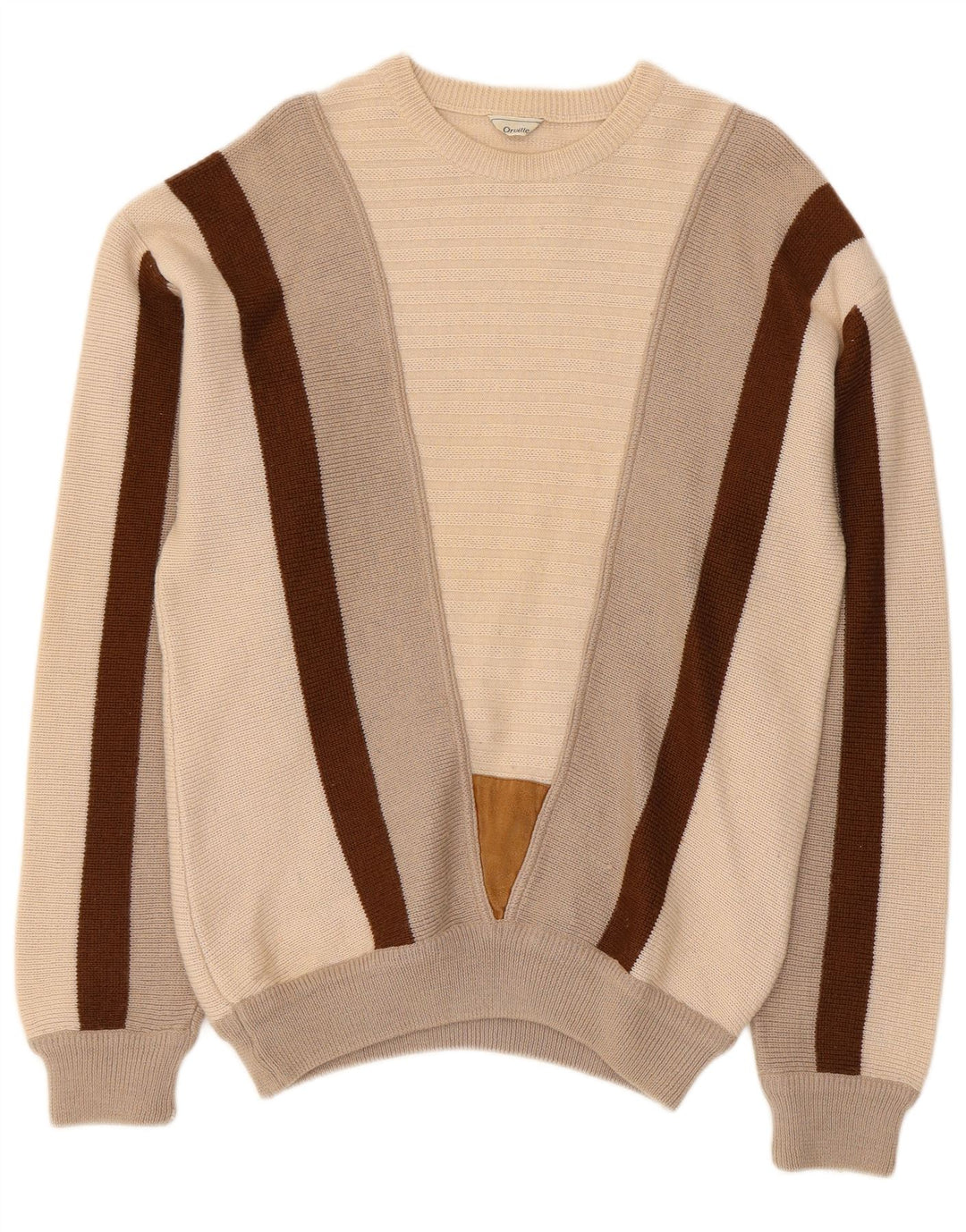 Orville Mens Crew Neck Jumper Sweater Medium Beige Colourblock Wool